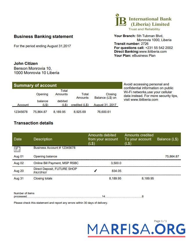 Downloadable Liberia IB International bank statement word example